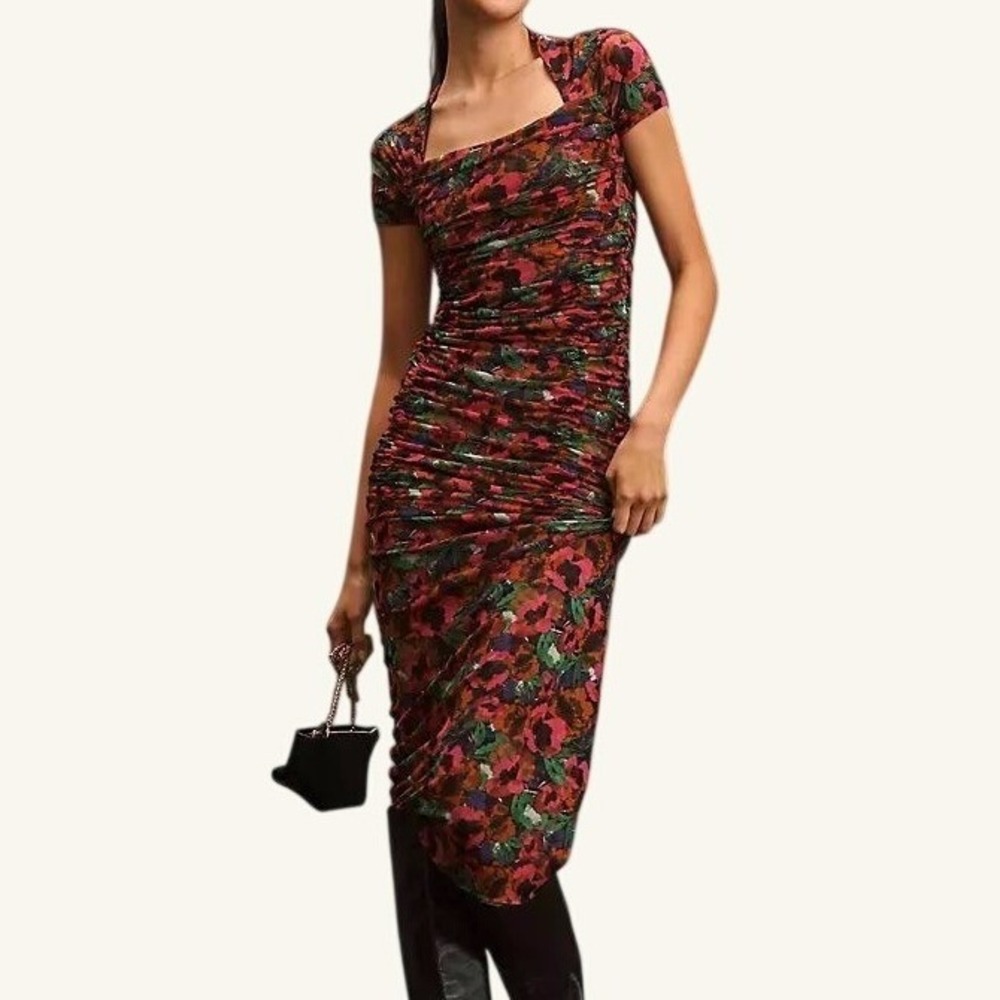 Misa Los Angeles Marilyn Midi Dress Floral Ruched‎ Mesh Square Neck Short Slv M